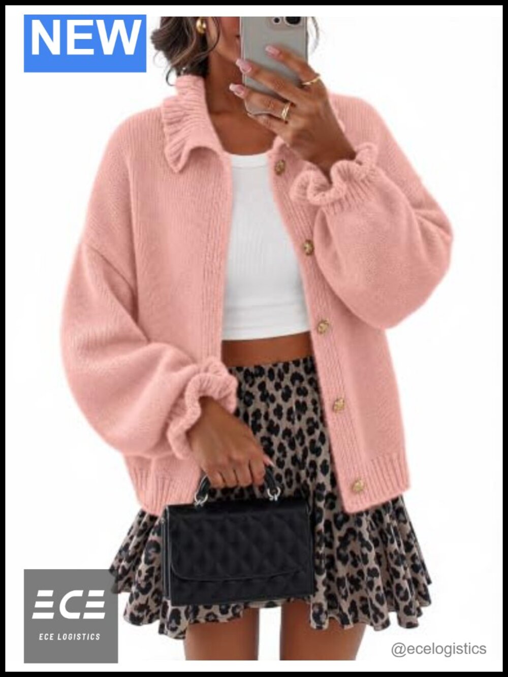 Chunky Knit Cardigan Ruffle Mock Neck Button Down Lantern Sleeve